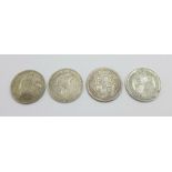 Four silver shillings, 1816, 1891, 1887 and 1912