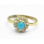 A turquoise and diamond ring, the shank marked Bravingtons, L