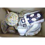 Four Royal Crown Derby plates, a Royal Crown Derby coffee pot, a Sadler chintz tea pot, cup and