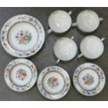 Copeland Spode Chinese Rose china, six setting, 10½", 9", 7½" and 6¼" plates and six 4¾" soup bowls