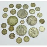 An 1894 Maundy 2d coin, four half crowns and other pre-1947 coins, 98g