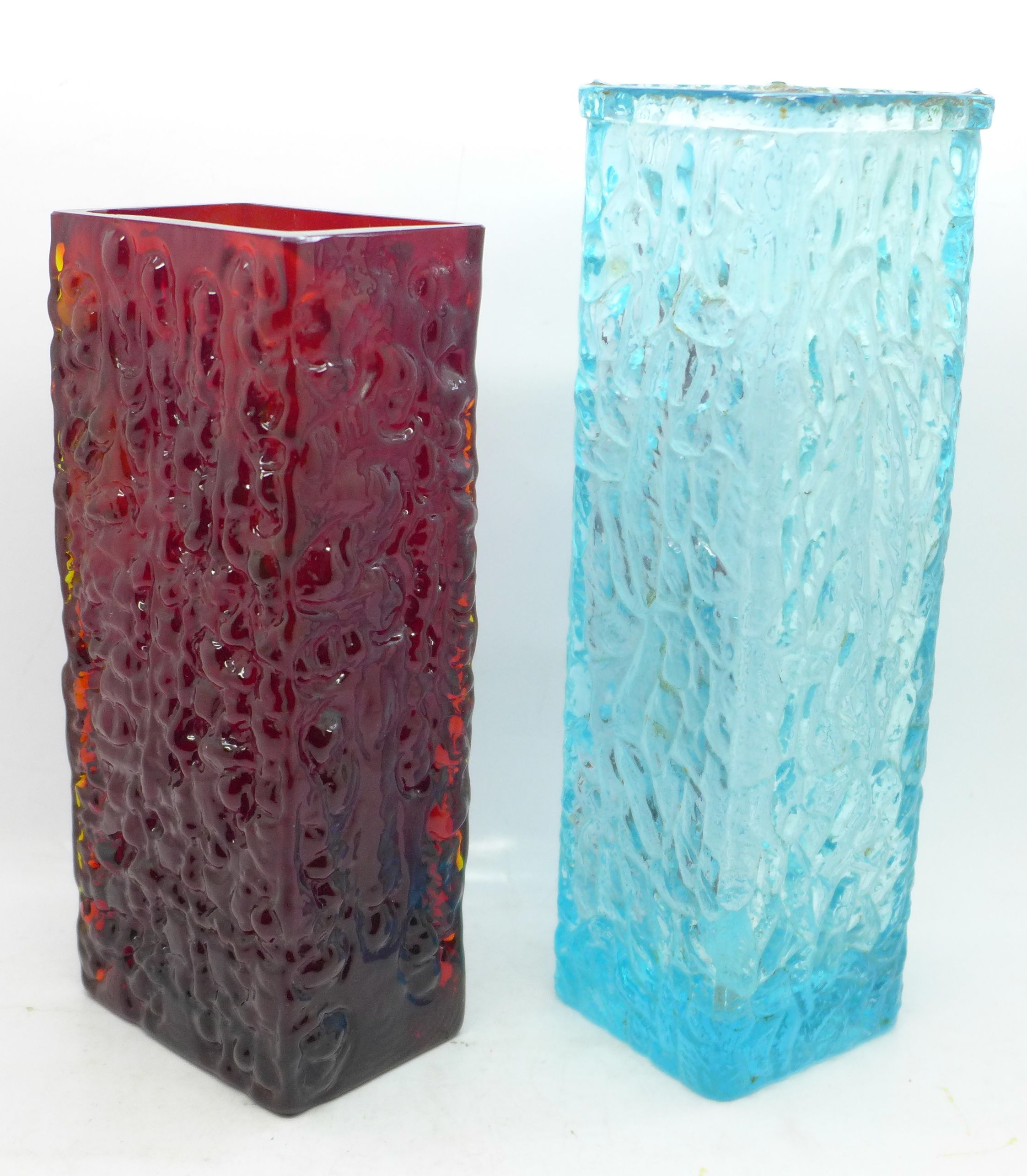 A Davidson Brama kingfisher blue glass vase, 8.6" high, and a red glass vase, 7.5" high