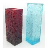 A Davidson Brama kingfisher blue glass vase, 8.6" high, and a red glass vase, 7.5" high