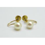 A pair of 9ct gold and pearl earrings, 1.2g