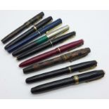 Nine fountain pens, six with gold nibs including Waterman and Conway Stewart