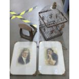 A bird cage, two framed photographs and a shoe last **PLEASE NOTE THIS LOT IS NOT ELIGIBLE FOR