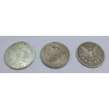 Three silver coins:- US 1904 dollar, Netherlands 2 1/2G and an Austrian Maria Theresa Thaler