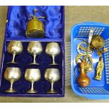 Assorted metalware including a case of six silver plated goblets