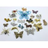 Twenty-two insect and animal brooches