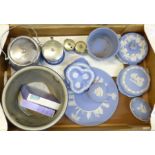 Wedgwood dark blue and Jasperware porcelain, including a large jardiniere, tea caddy, dishes and