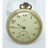 A gold plated Omega dress pocket watch with second hand, dial a/f