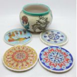 Greek ceramics; Icaro Rodi hand painted bowl and four Katsidonitois coasters