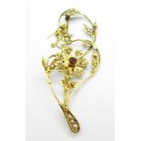 A 9ct gold garnet and seed pearl leaf brooch, a/f, 6g