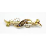 A 9ct gold, diamond and sapphire brooch, 2.1g
