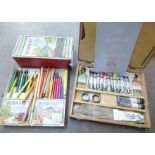 A Rowney oil colour sketch box and Dewent colour pencils