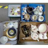 Four boxes of mixed china; teapots, vases, posy ornaments, Sadler piggy bank, two daschunds,