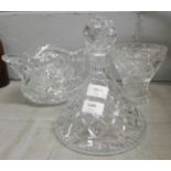 A cut glass decanter and two others **PLEASE NOTE THIS LOT IS NOT ELIGIBLE FOR POSTING AND PACKING**