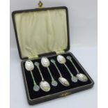 A cased set of six Art Deco enamel spoons, Birmingham 1923
