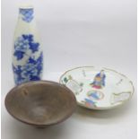 A Chinese terracotta bowl, blue and white vase and a painted porcelain dish (with rim chip)