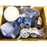 A box of blue and white china, including oriental ginger jar, oriental vases, Booths Old Willow