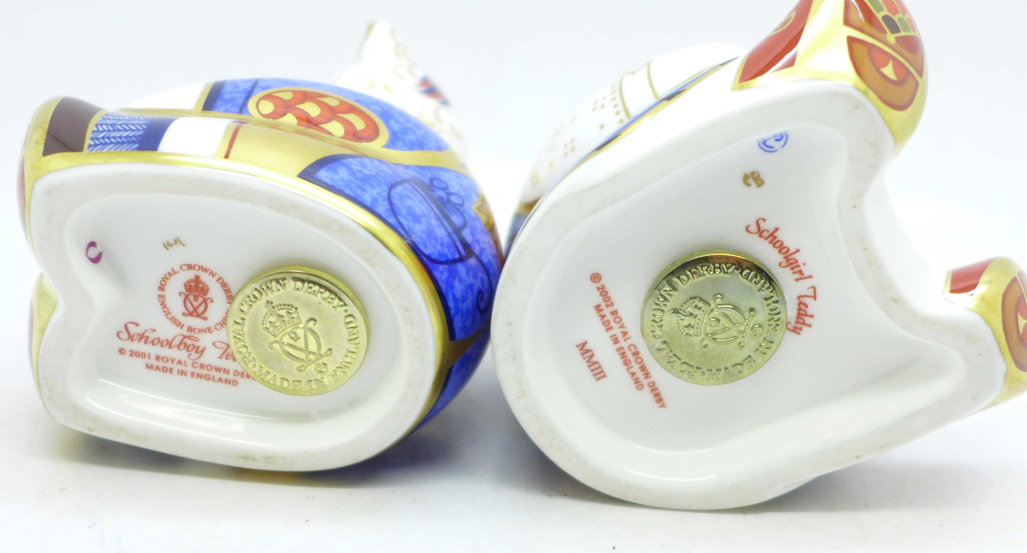 A pair of Royal Crown Derby paperweights, School Girl Teddy and School Boy Teddy, both with gold - Image 3 of 3