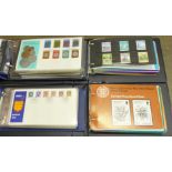 Stamps:- Channel Islands presentation packs and First Day Covers in four albums