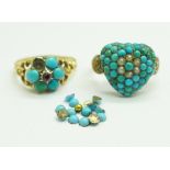 Two yellow metal and turquoise stone set rings, total weight 5.2g, a/f