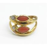 A yellow metal, coral and white stone ring, tests as 9ct gold, 3.0g, P