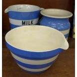 Three items of T.G. Green, milk jug, bowl with spout and utensil jar, utensil jar lacking lid