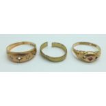 Three 9ct gold rings, one a/f, two with stones missing, 5g