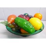 A glass bowl with a collection of glass fruit **PLEASE NOTE THIS LOT IS NOT ELIGIBLE FOR POSTING AND