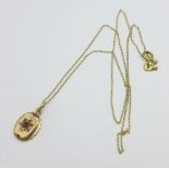 A 9ct gold, ruby and diamond pendant, 1.5g, on a 925 silver gilt chain