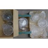 Two boxes of crystal and glass, two large bowls, a large moulded glass vase, other vases, etc.,