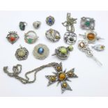 A collection of Scottish jewellery including brooches, rings and pendants