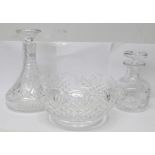 A Waterford lead crystal bowl, (a/f) and two lead crystal decanters