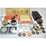 A L.N.E.R. Railway Service badge, 29732, commemorative crowns, other coins, a voltmeter, etc.