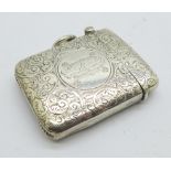 A silver embossed vesta case with initials, 21g