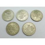 Five two-shilling coins including three in fine condition, 56.7g