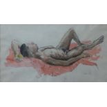 * Ibudan, portrait of a reclining male nude, pen, ink and watercolour, dated '69, 24 x 43cms, framed