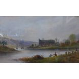 English School, river landscape with fishermen, watercolour, indistinctly signed, 27 x 47cms, framed