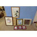 Assorted silk paintings, embroideries and prints