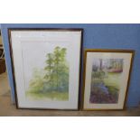 Two landscapes, watercolour and pastel, both framed