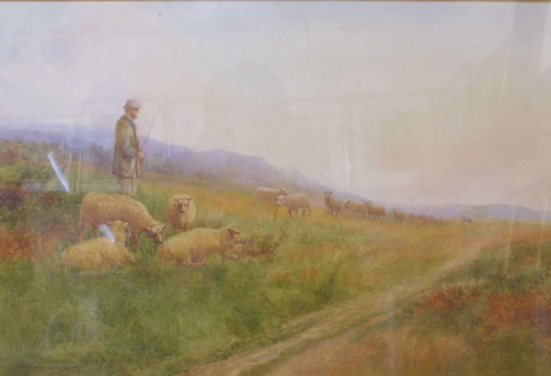 Arthur Stanley Wilkinson (1860-1930), landscape with shepherd and flock, watercolour, 32 x 49cms,