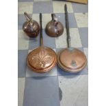 Two copper kettles, a warming pan and chestnut roaster