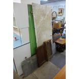 Two painted pine doors, wagon tailgate and three cabinet doors