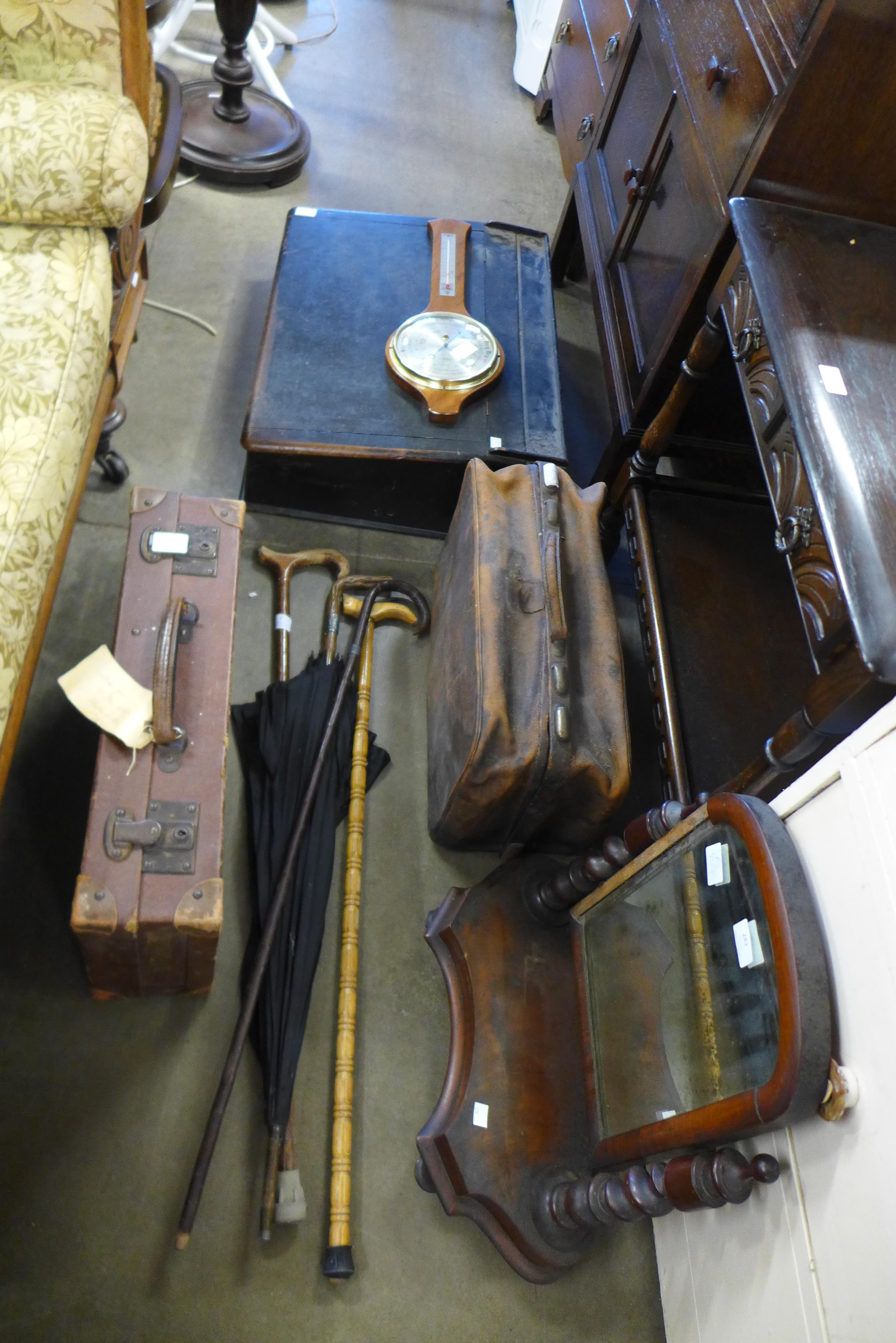 A Victorian pine writing slope, two suitcases, toilet mirror, etc.