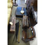 A Victorian pine writing slope, two suitcases, toilet mirror, etc.