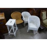 Three wicker chairs and a painted stool