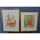 Barbara Smith, rabbits with poppies and study of pears, watercolour, framed