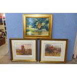 A pair of signed Frederick Haycock fox hunting prints and a fox hunting oil, framed
